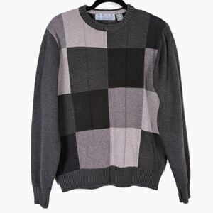 Oscar De La Renta Sweater Mens M Gray Plaid Crewneck Cotton Knit